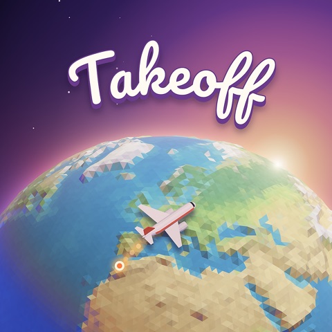 The Takeoff app icon: a plane flying over a low-poly globe at sunrise